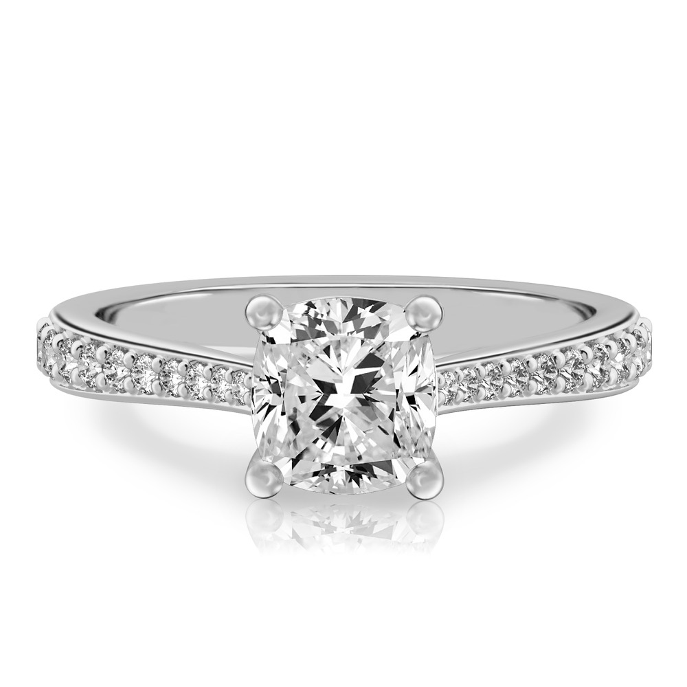 cushion cut diamond tapered engagement ring in white gold