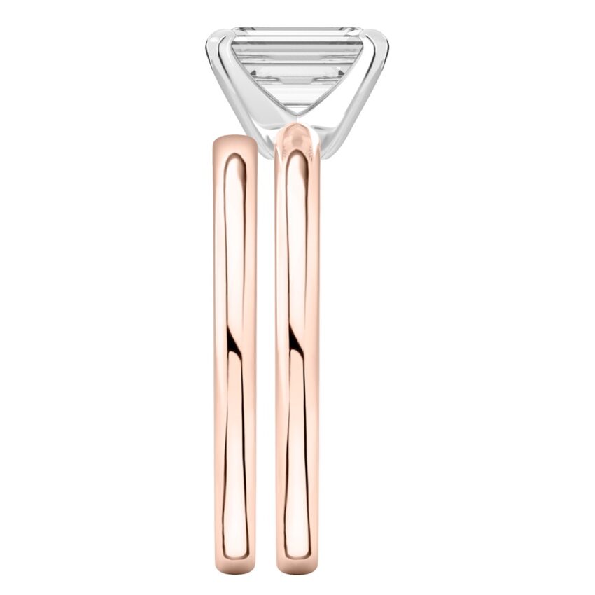 Side view of emerald cut diamond classic solitaire engagement ring set rose gold