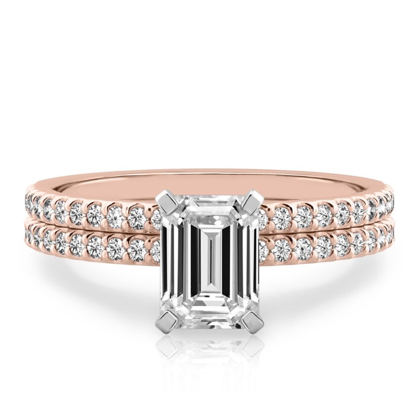 emerald cut diamond dainty engagement ring set rose gold