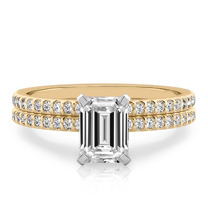 emerald cut diamond dainty engagement ring set yellow gold