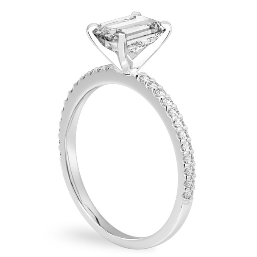 emerald cut diamond dainty engagement ring white gold angle