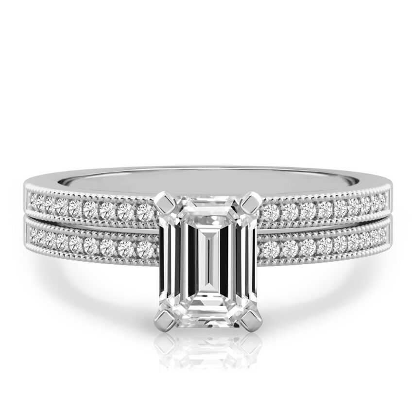 emerald cut diamond petite milgrain diamond engagement ring set palladium