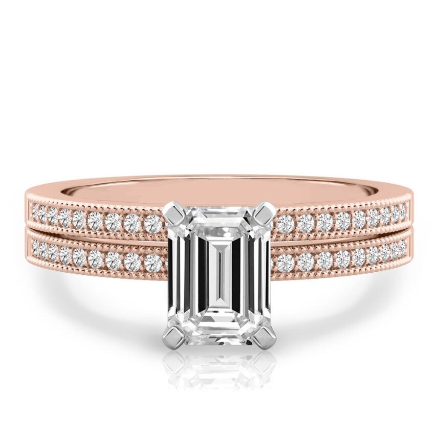 emerald cut diamond petite milgrain diamond engagement ring set rose gold