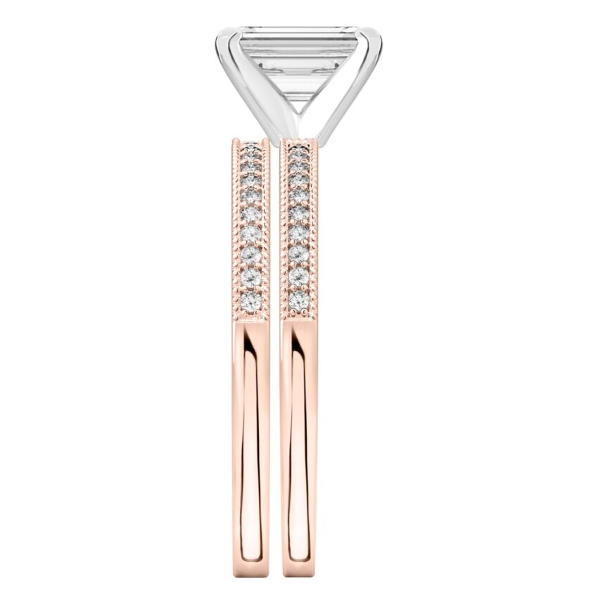 Side view of emerald cut diamond petite milgrain diamond engagement ring set rose gold