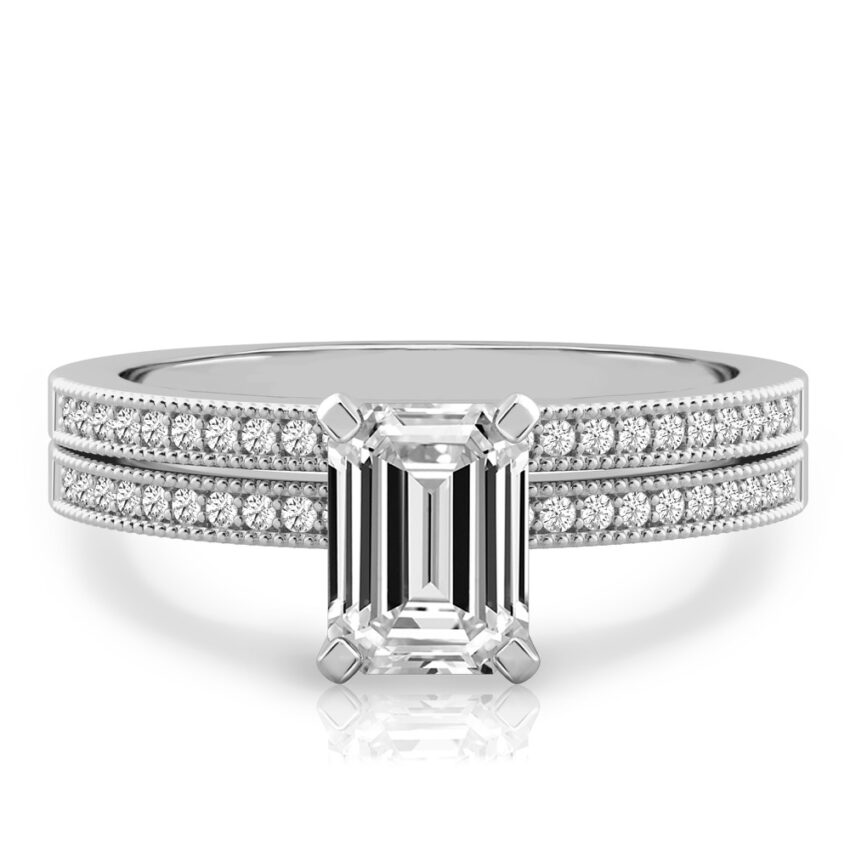 emerald cut diamond petite milgrain diamond engagement ring set white gold
