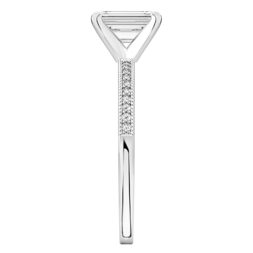 Side view of emerald cut diamond petite milgrain diamond engagement ring in white gold