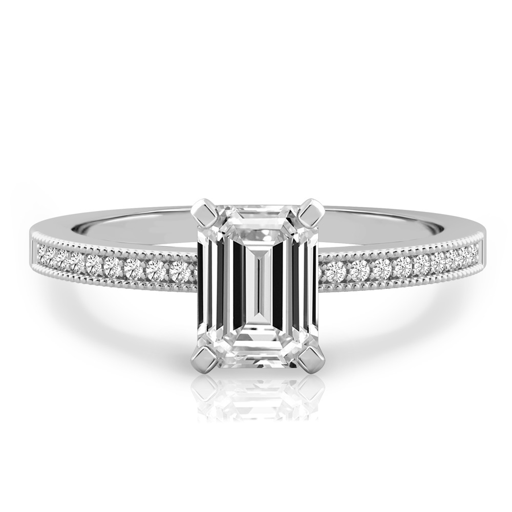 emerald cut diamond petite milgrain diamond engagement ring in white gold