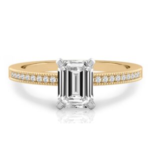 emerald cut diamond petite milgrain diamond engagement ring in yellow gold