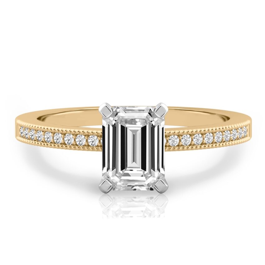 emerald cut diamond petite milgrain diamond engagement ring in yellow gold
