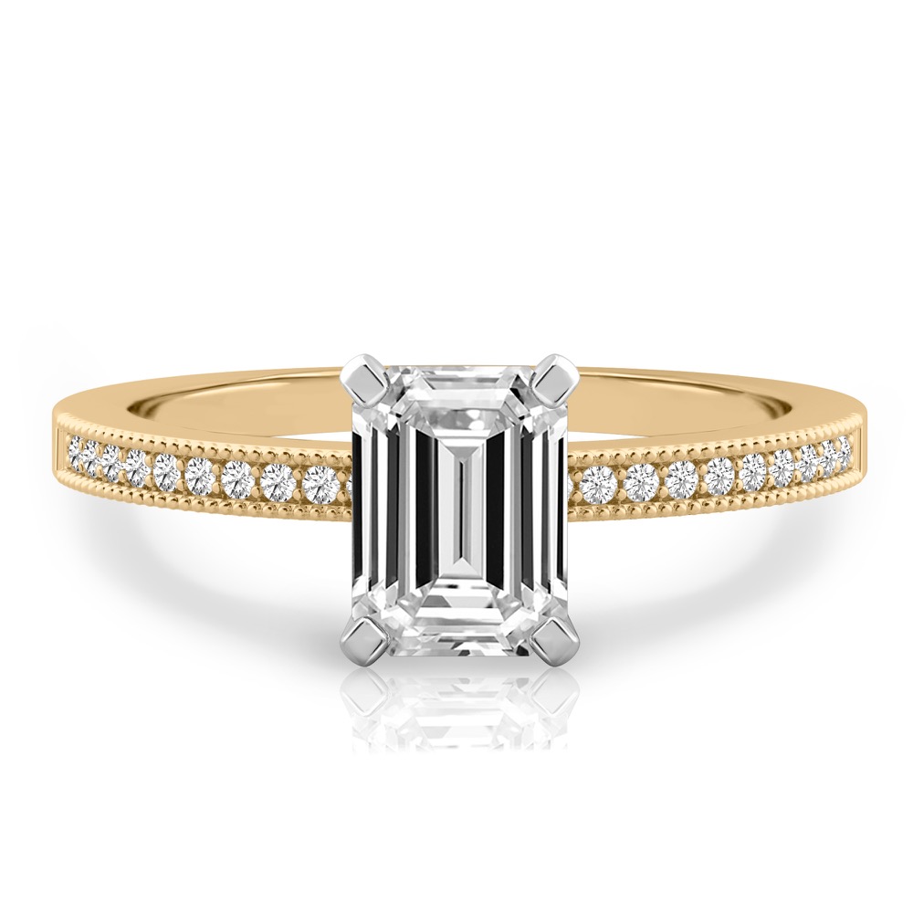 emerald cut diamond petite milgrain diamond engagement ring in yellow gold