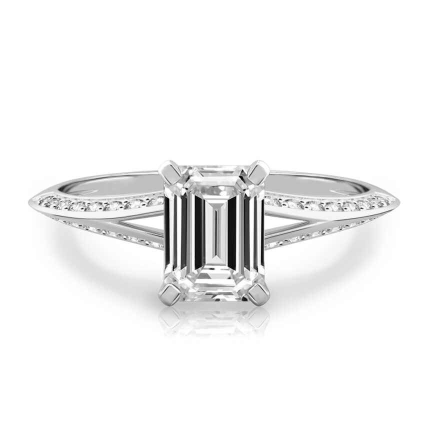 emerald cut diamond split shank knife edge engagement ring in platinum