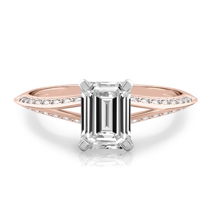 emerald cut diamond split shank knife edge engagement ring in rose gold