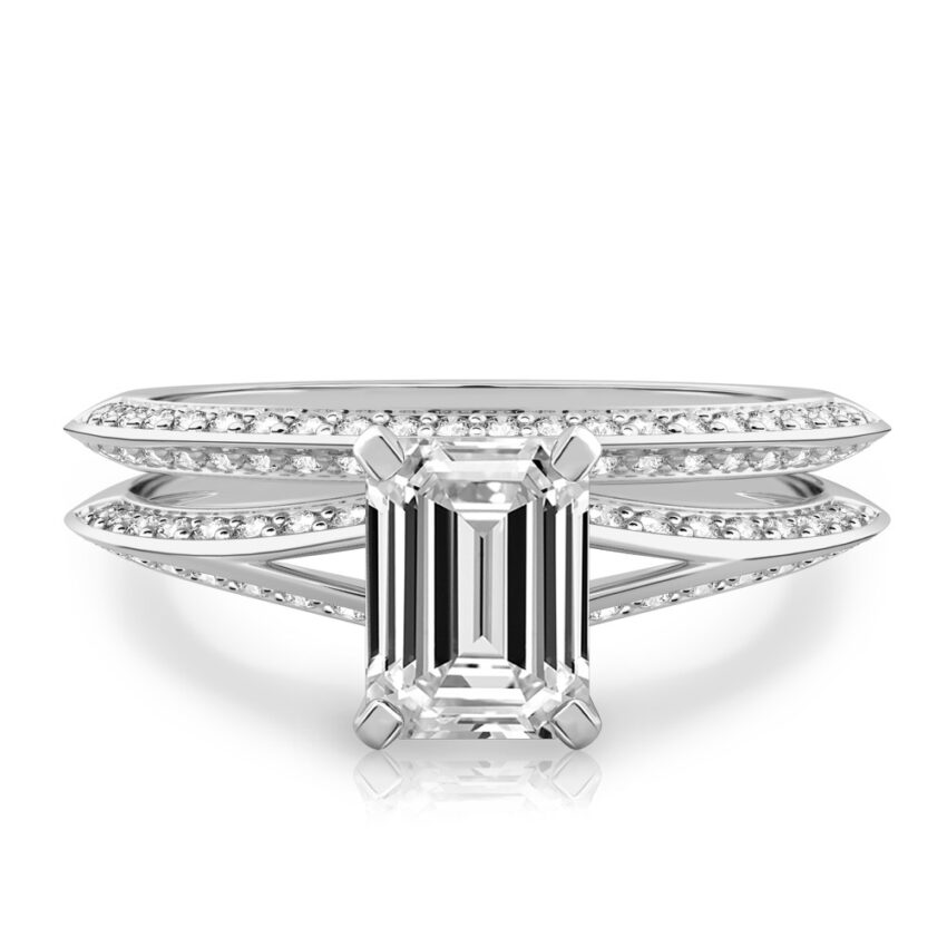 emerald cut diamond split shank knife edge engagement ring in set palladium
