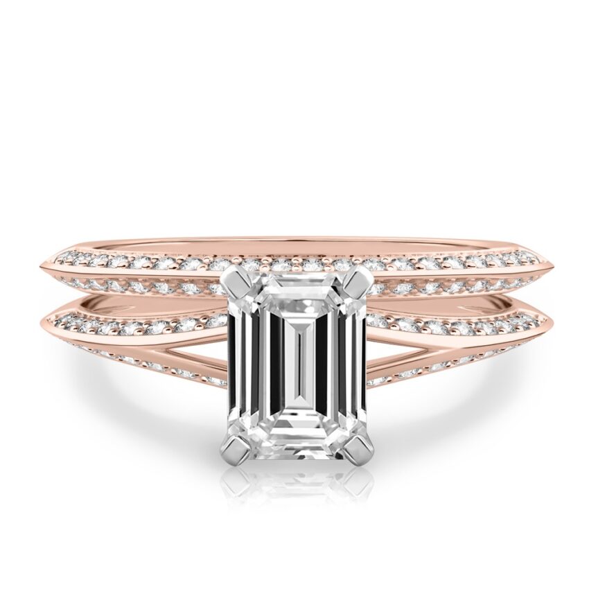emerald cut diamond split shank knife edge engagement ring in set rose gold