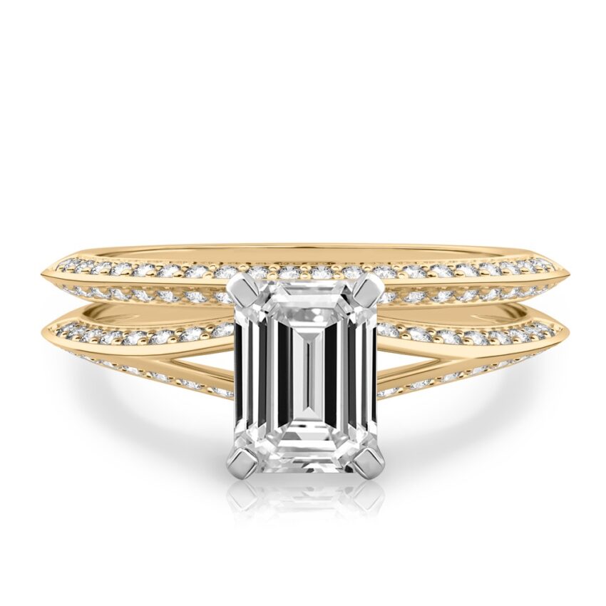 emerald cut diamond split shank knife edge engagement ring in set yellow gold