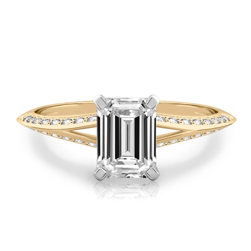 emerald cut diamond split shank knife edge engagement ring in yellow gold