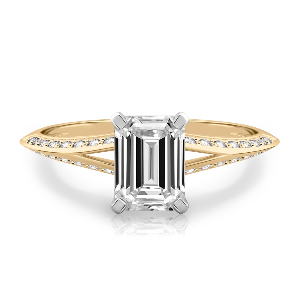 emerald cut diamond split shank knife edge engagement ring in yellow gold