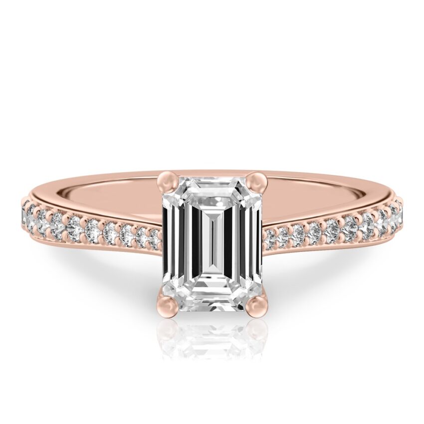 emerald cut diamond tapered engagement ring in rose gold