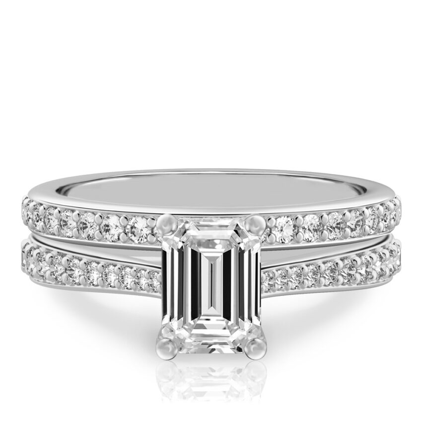 emerald cut diamond tapered engagement ring set platinum