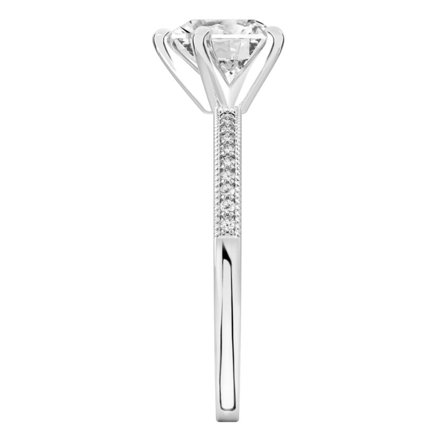 Side view of heart shape diamond petite milgrain diamond engagement ring in palladium