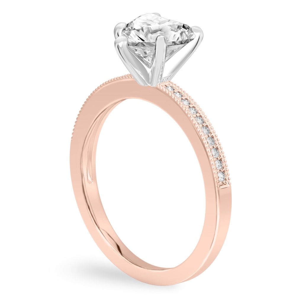 Angle view of heart shape diamond petite milgrain diamond engagement ring in rose gold