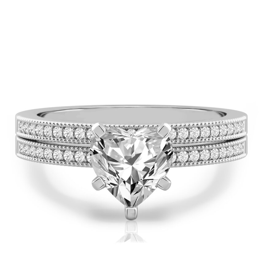 heart shape diamond petite milgrain diamond engagement ring set platinum