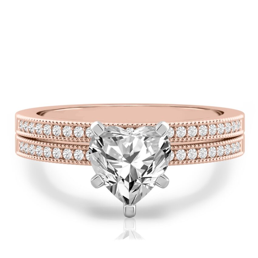 heart shape diamond petite milgrain diamond engagement ring set rose gold