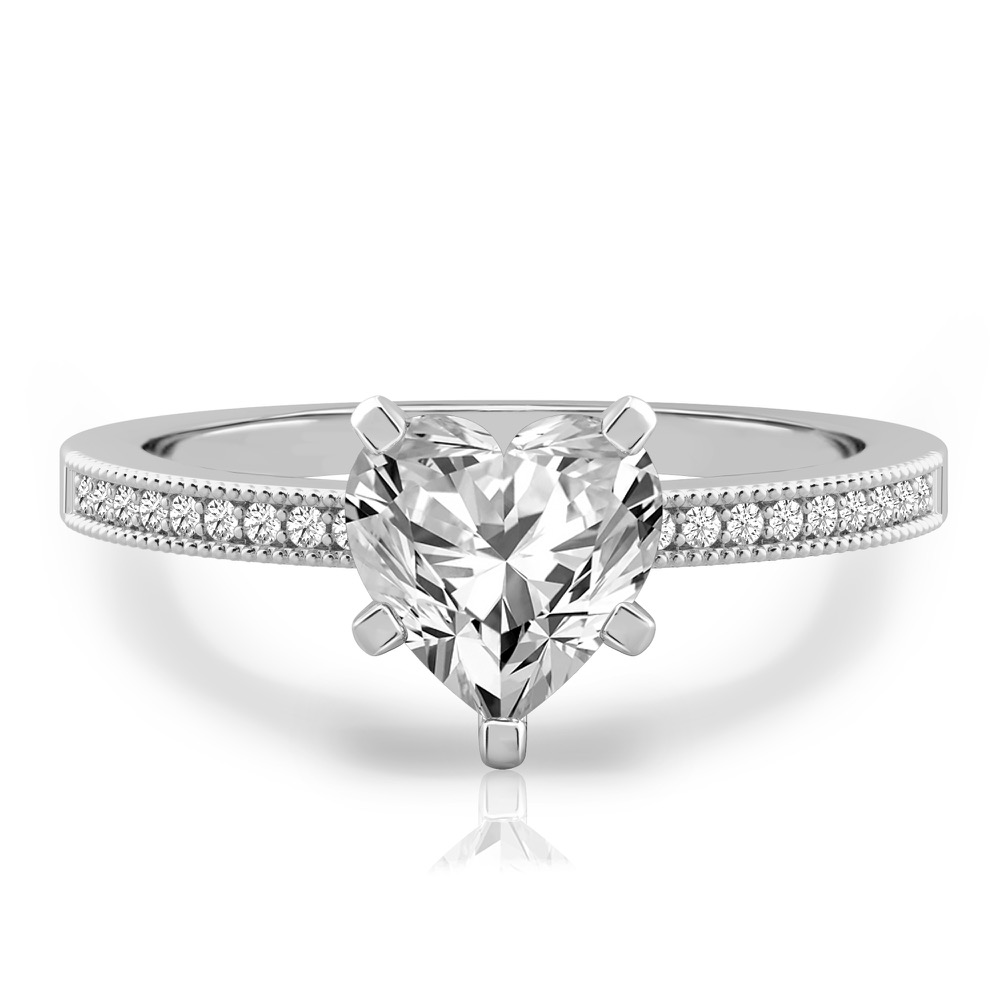 heart shape diamond petite milgrain diamond engagement ring in white gold
