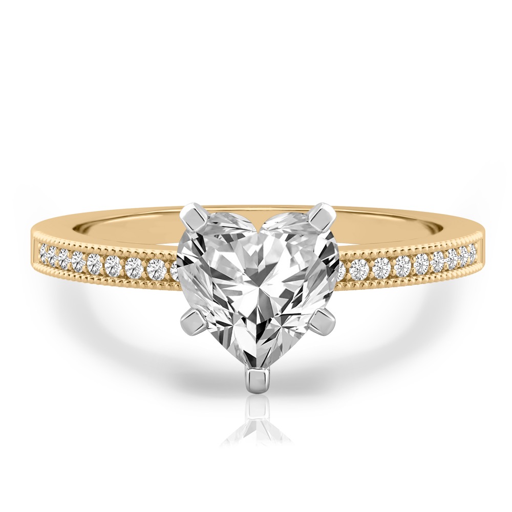 heart shape diamond petite milgrain diamond engagement ring in yellow gold