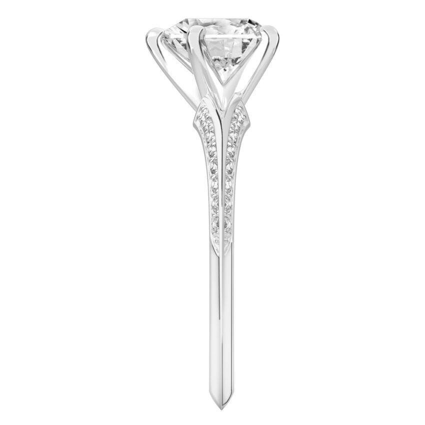 Side view of heart shape diamond split shank knife edge engagement ring in platinum
