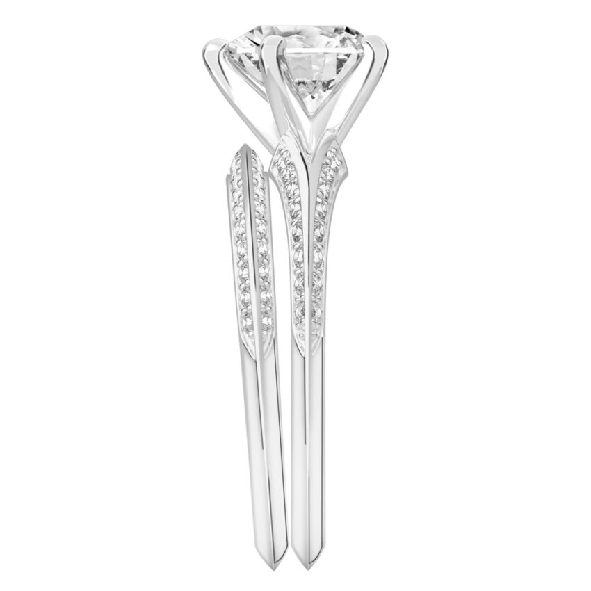 Side view of heart shape diamond split shank knife edge engagement ring in set platinum