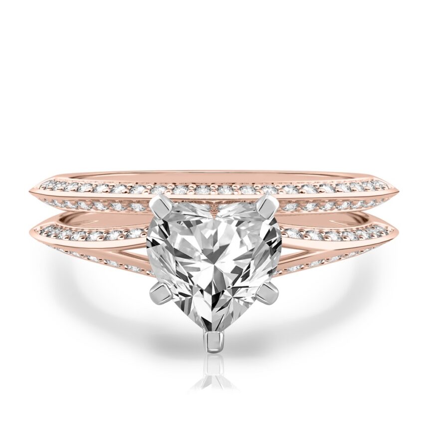 heart shape diamond split shank knife edge engagement ring in set rose gold