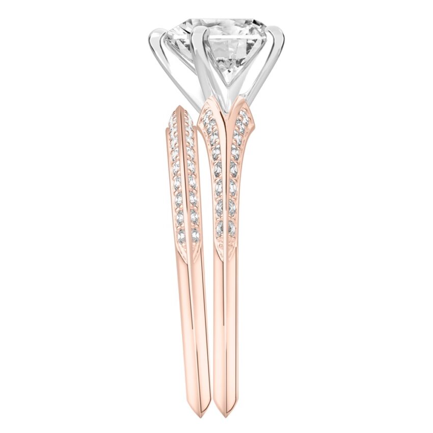 Side view of heart shape diamond split shank knife edge engagement ring in set rose gold
