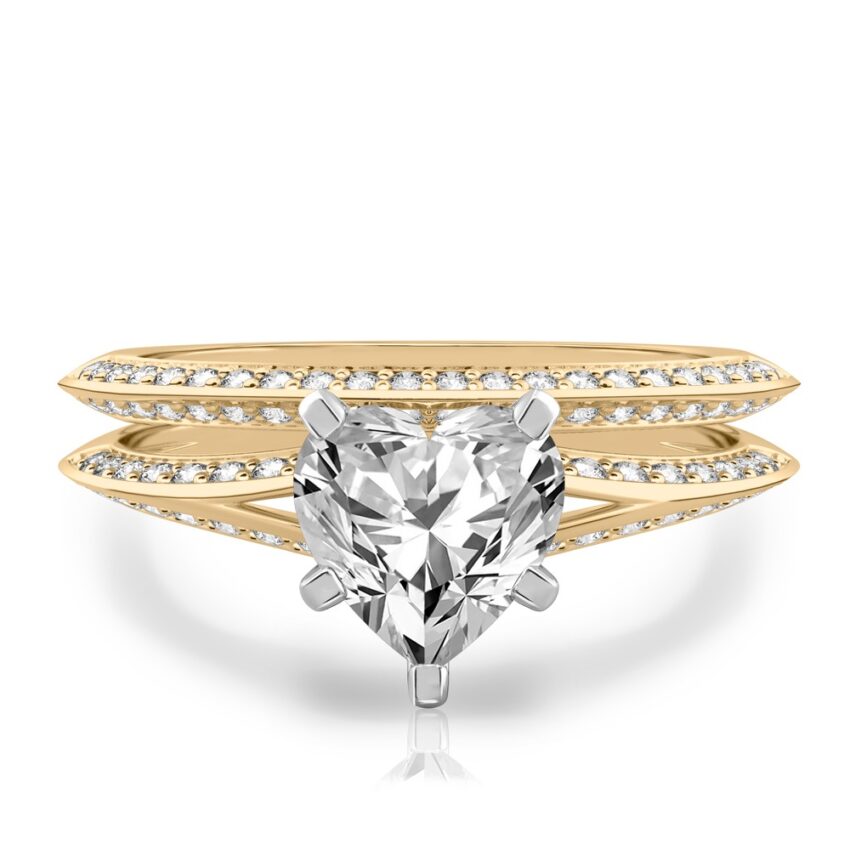 heart shape diamond split shank knife edge engagement ring in set yellow gold