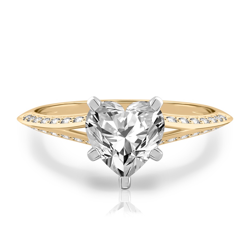 heart shape diamond split shank knife edge engagement ring in yellow gold