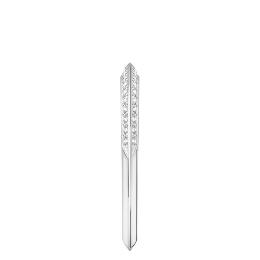 Side view of knife edge wedding band in with diamonds platinum