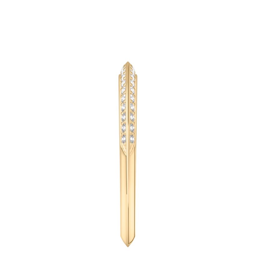 Side view of knife edge wedding band in with diamonds yellow gold