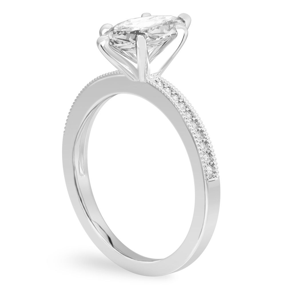 Angle view of marquise cut diamond petite milgrain diamond engagement ring in platinum