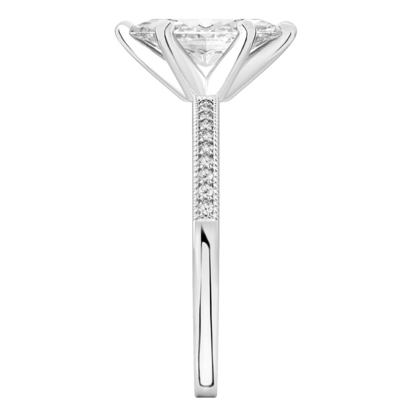 Side view of marquise cut diamond petite milgrain diamond engagement ring in platinum