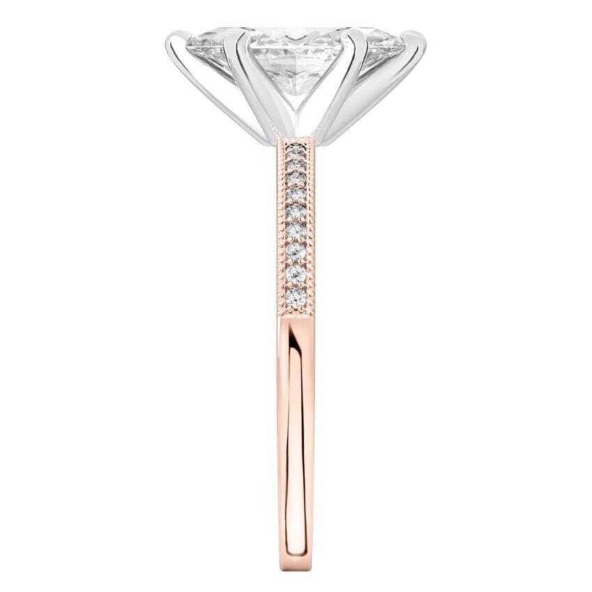 Side view of marquise cut diamond petite milgrain diamond engagement ring in rose gold
