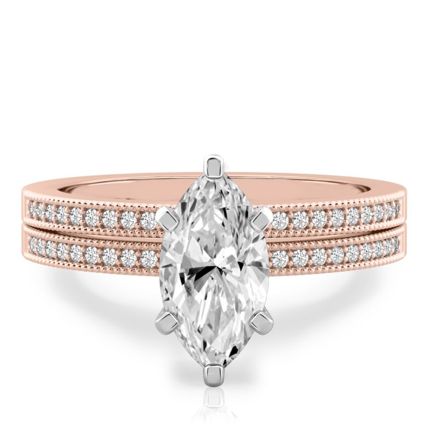 marquise cut diamond petite milgrain diamond engagement ring set rose gold