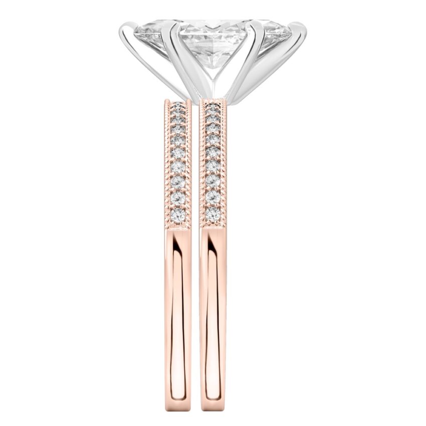 Side view of marquise cut diamond petite milgrain diamond engagement ring set rose gold