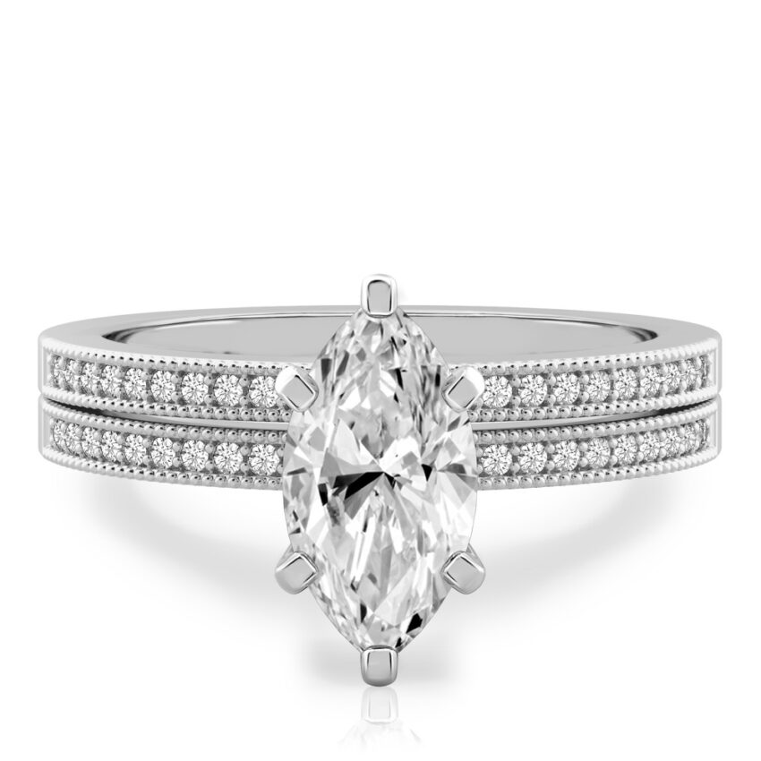 marquise cut diamond petite milgrain diamond engagement ring set white gold