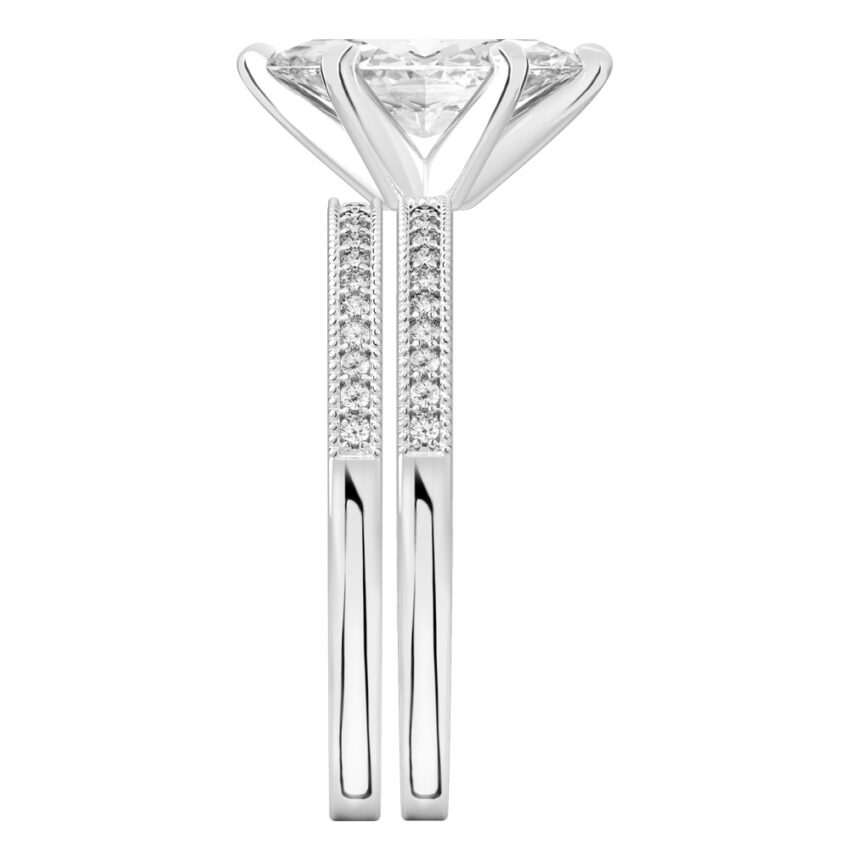 Side view of marquise cut diamond petite milgrain diamond engagement ring set white gold