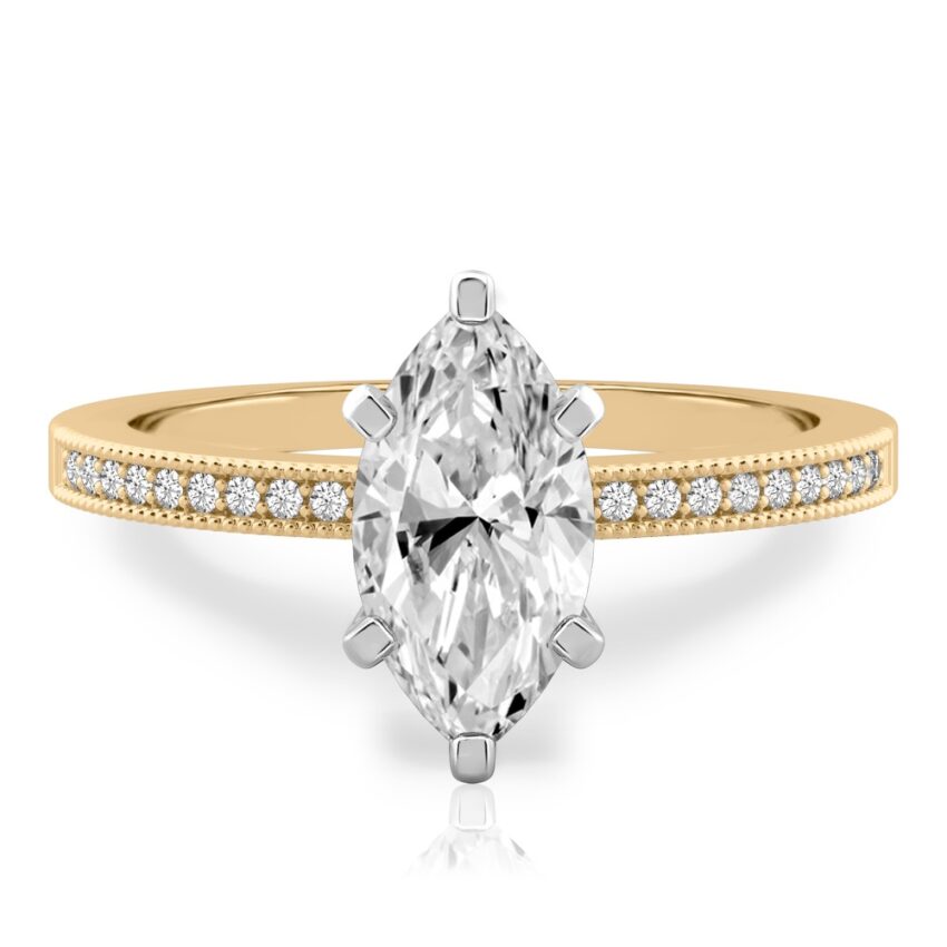 marquise cut diamond petite milgrain diamond engagement ring in yellow gold