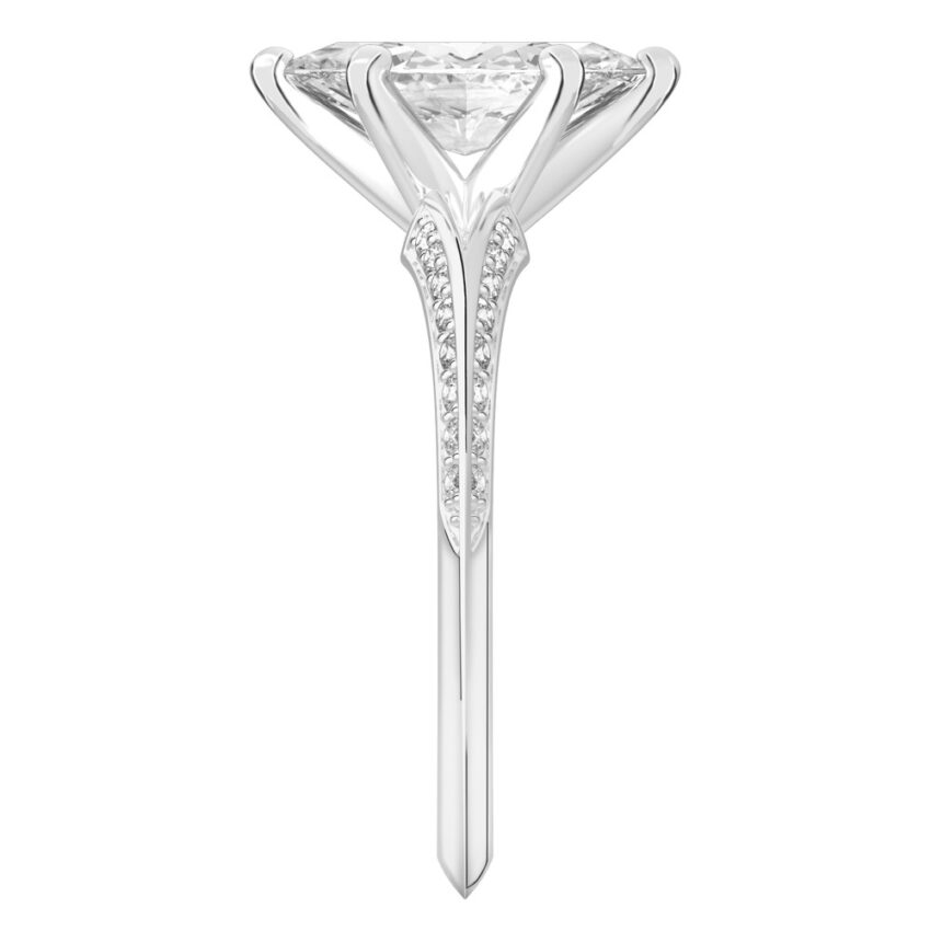 Side view of marquise cut diamond split shank knife edge engagement ring in platinum