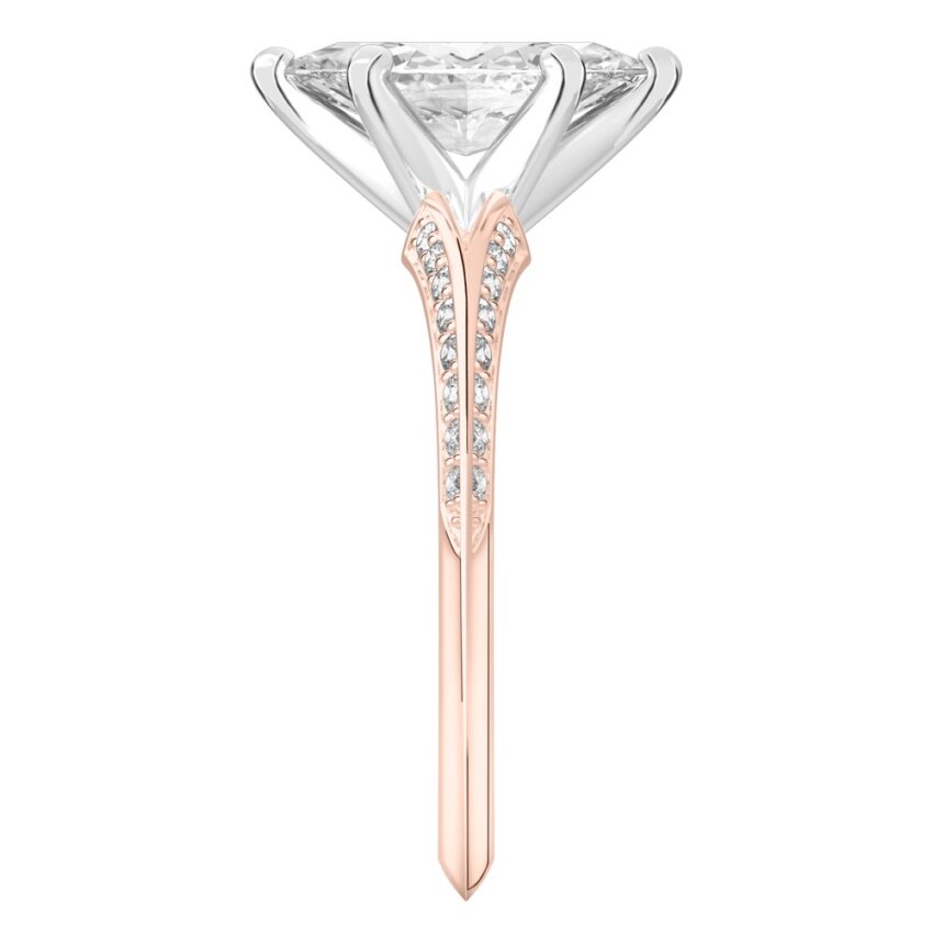 Side view of marquise cut diamond split shank knife edge engagement ring in rose gold