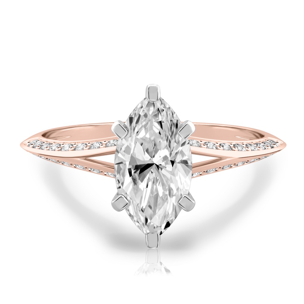 marquise cut diamond split shank knife edge engagement ring in rose gold