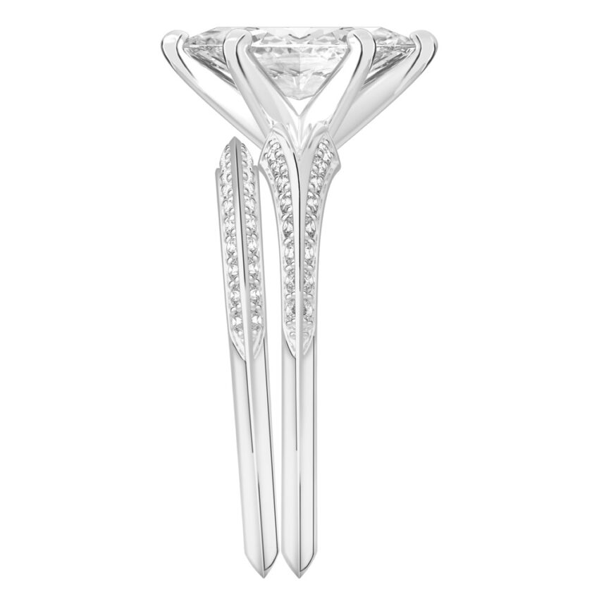 Side view of marquise cut diamond split shank knife edge engagement ring in set platinum