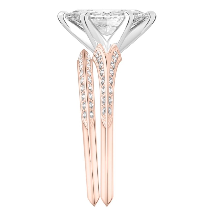 Side view of marquise cut diamond split shank knife edge engagement ring in set rose gold